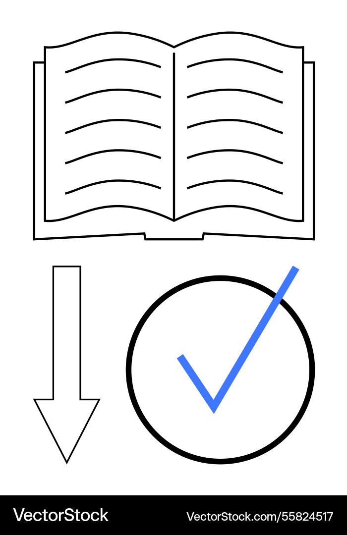 Open book with downward arrow pointing to a circle Open book with downward arrow pointing to a circle vector image