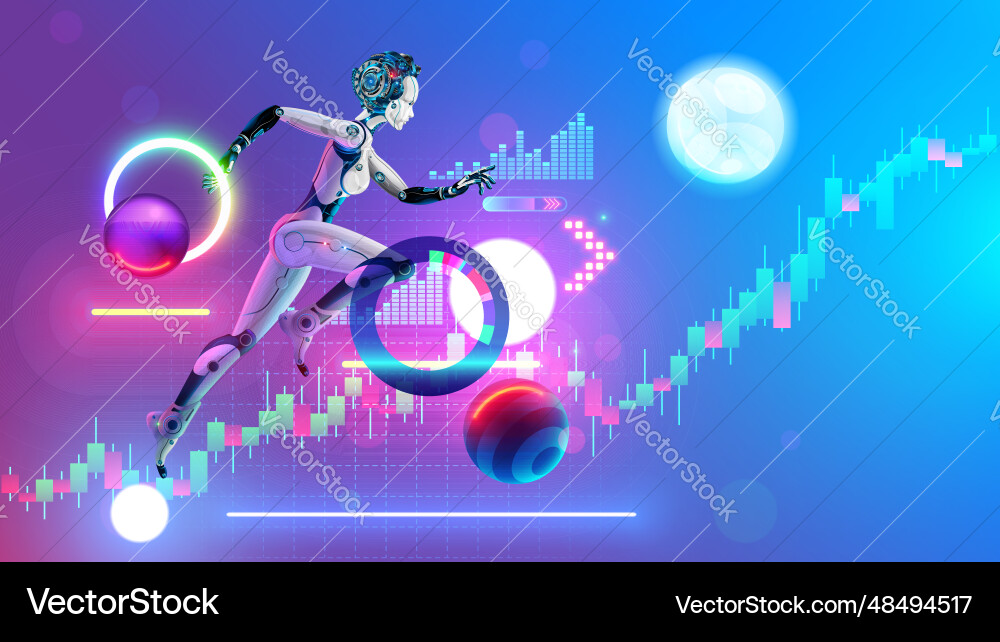 Robot ai trader running on business chart Robot ai trader running on business chart Vector Image