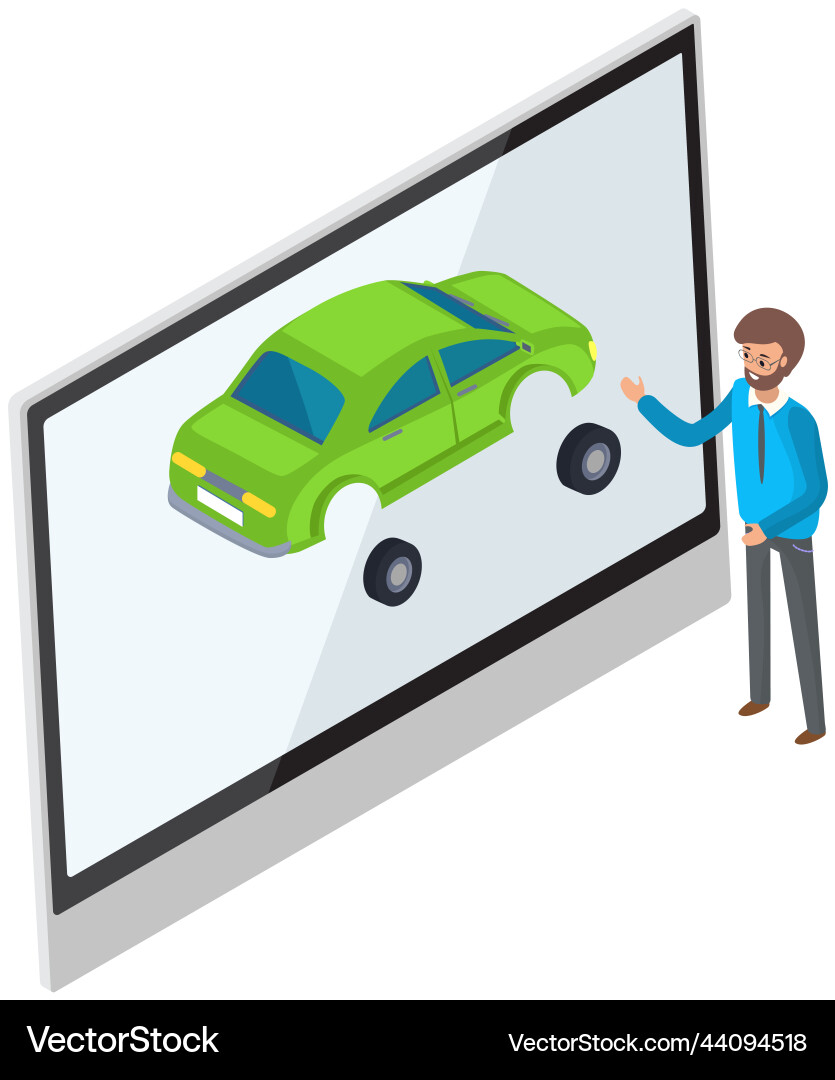Man presenter talks about new automobile structure Man presenter talks about new automobile structure vector image