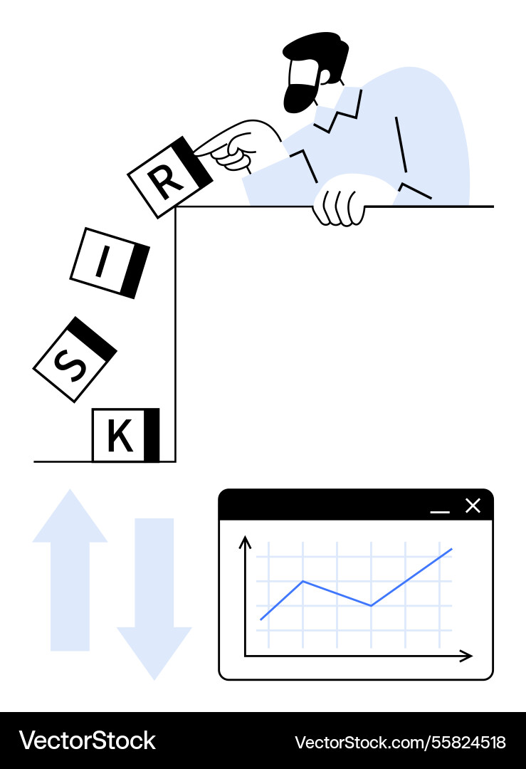 Man toppling risk blocks while reviewing a rising Man toppling risk blocks while reviewing a rising vector image