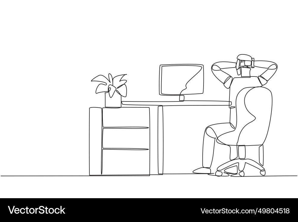 Single one line drawing robot sitting in chair Single one line drawing robot sitting in chair Vector Image