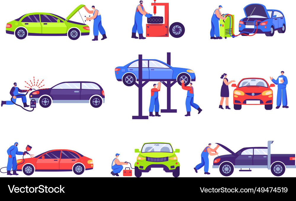 Car service workers mechanic fix engine vector image