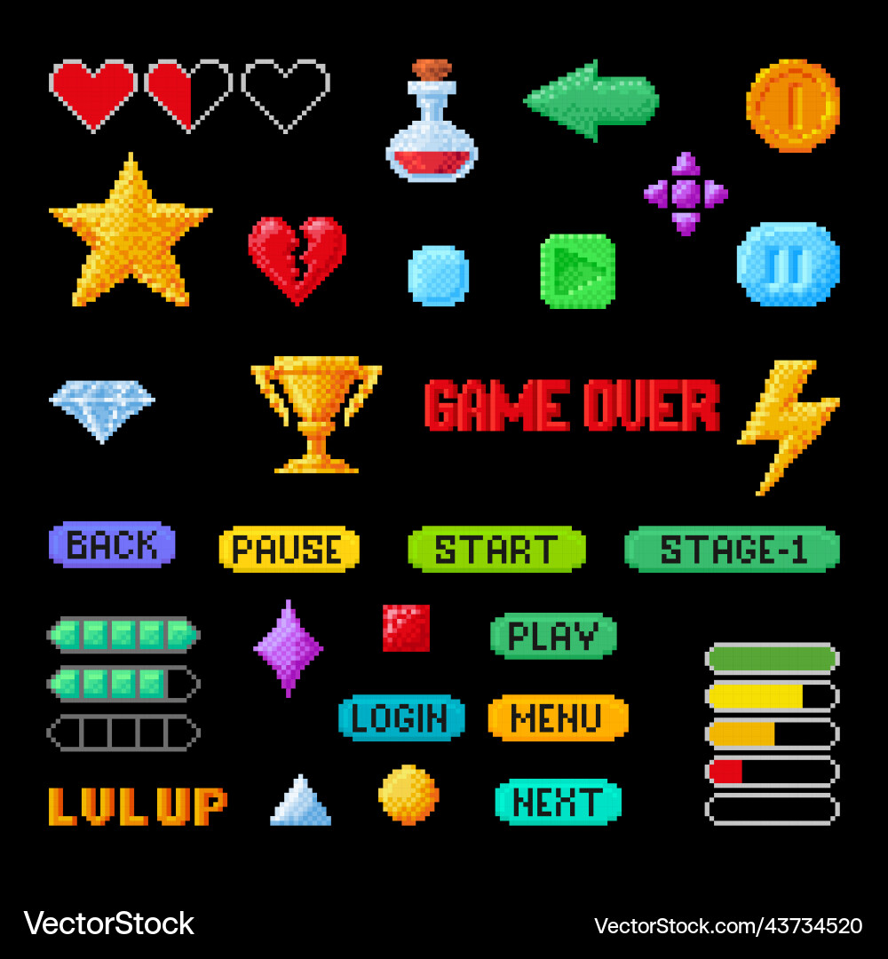Pixel game virtual buttons set navigation Pixel game virtual buttons set navigation vector image