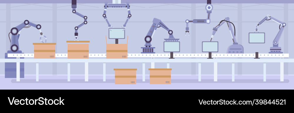 Flat automated robot arms on factory assembly line Flat automated robot arms on factory assembly line vector image