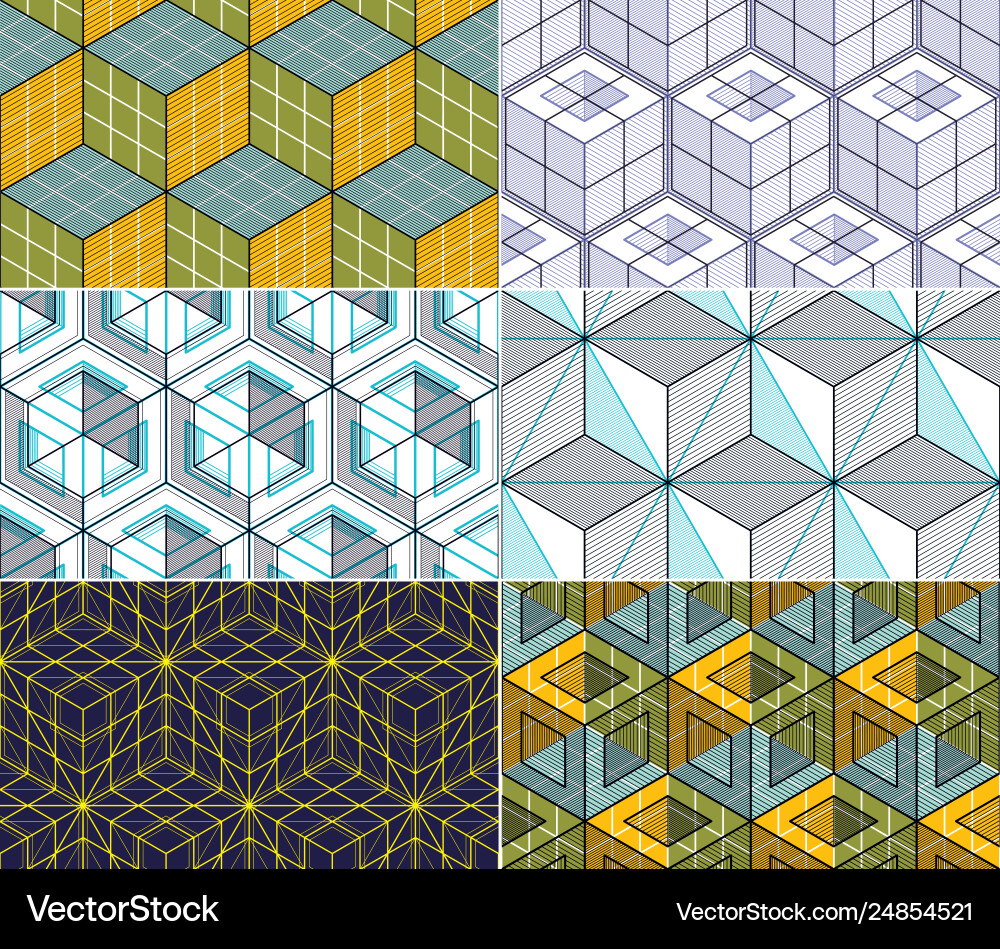 Geometric cubes abstract seamless patterns set 3d Geometric cubes abstract seamless patterns set 3d Vector Image