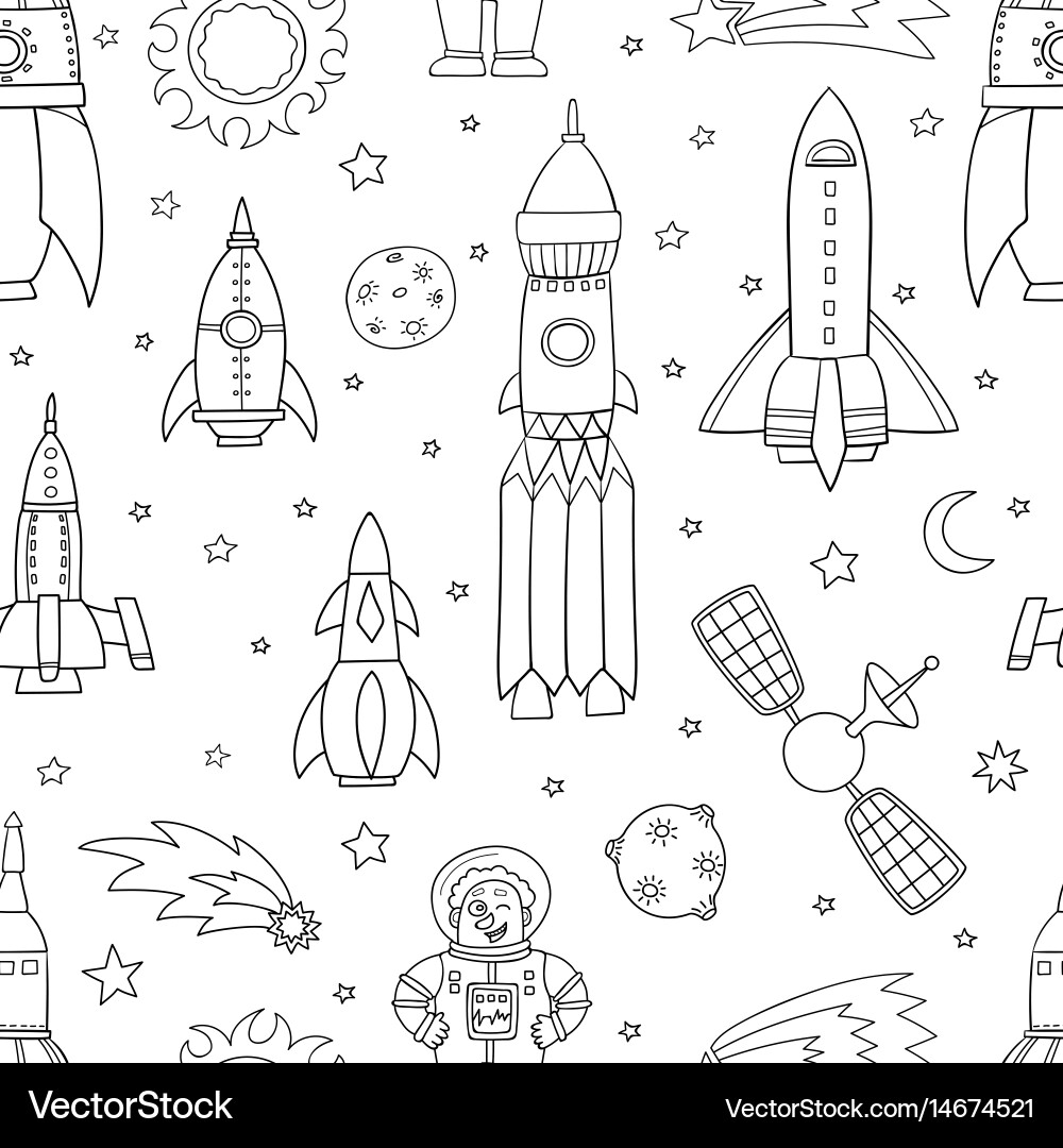 Seamless pattern with space objects ufo rockets Vector Image