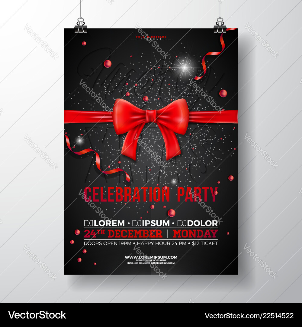 Christmas party flyer with red bow vector image