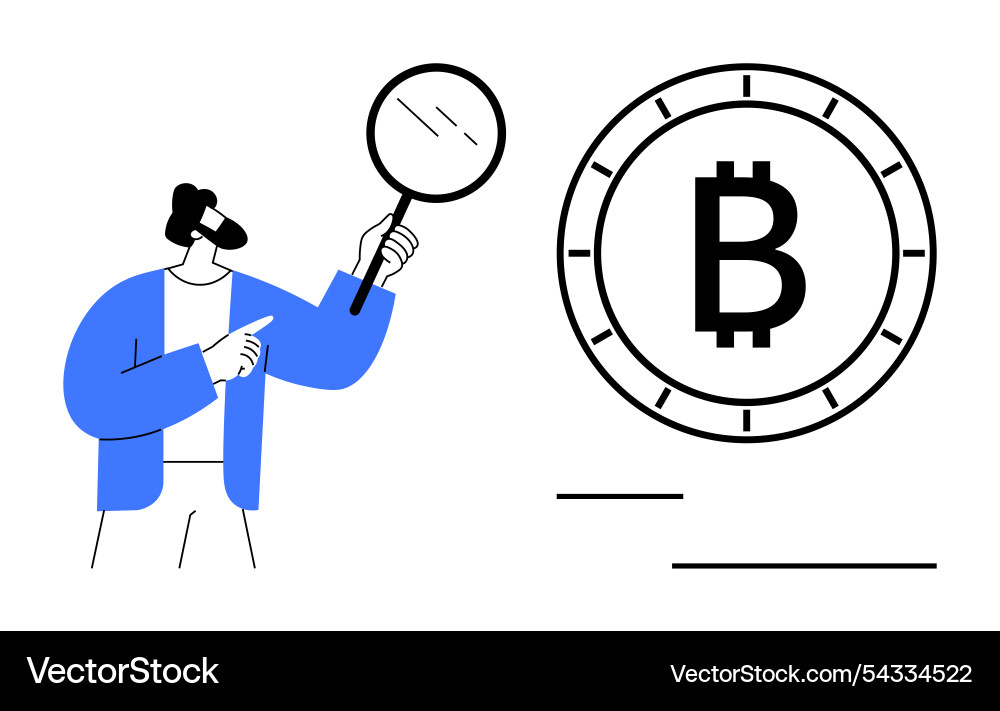 Man with magnifying glass inspecting bitcoin coin Man with magnifying glass inspecting bitcoin coin vector image