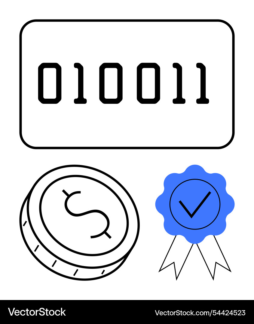 Binary code with currency coin and blue badge vector image
