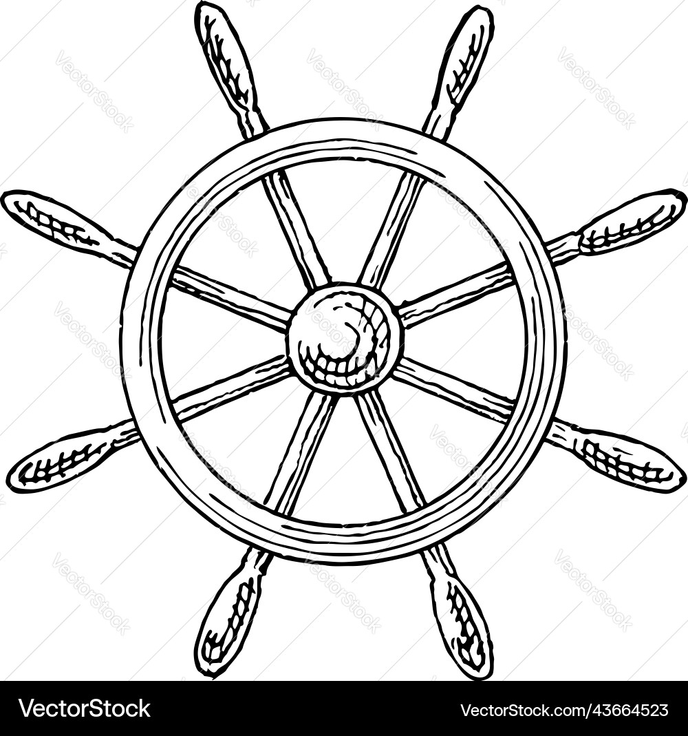 Boat control rudder isolated steering wheel sketch Vector Image