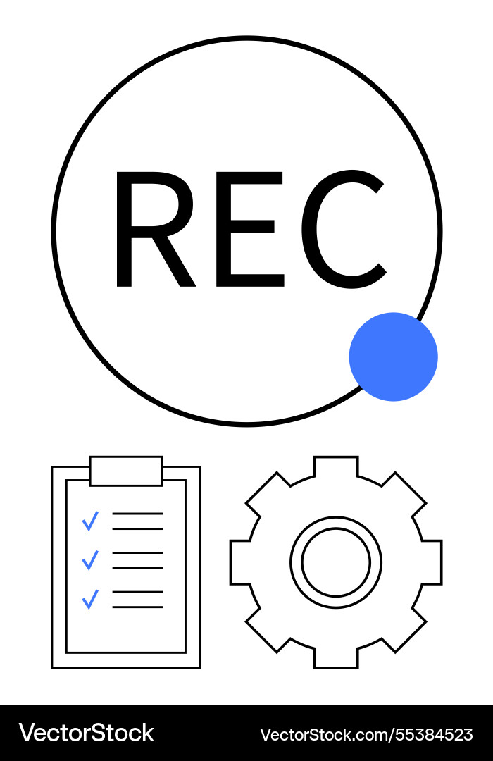 Rec recording indicator with checklist and gear Rec recording indicator with checklist and gear vector image
