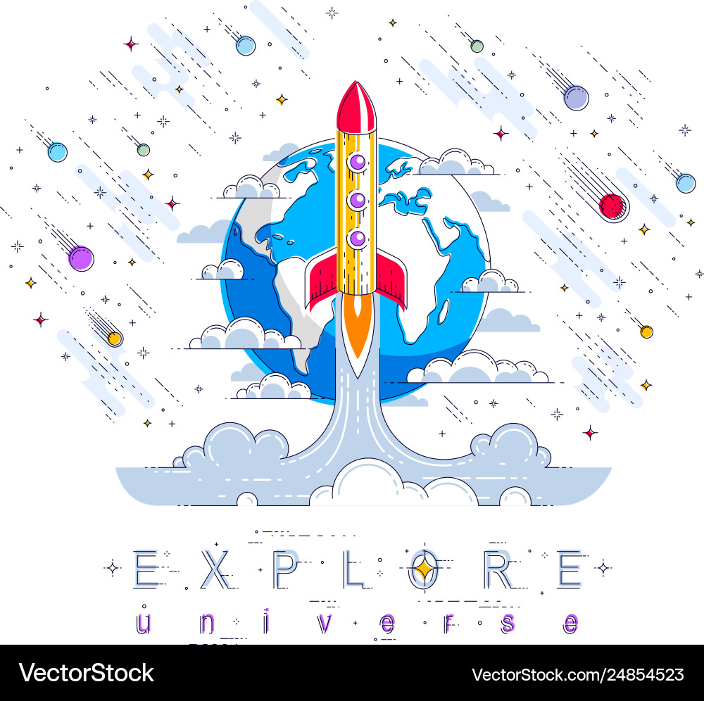 Rocket launch into undiscovered space with planet Rocket launch into undiscovered space with planet vector image