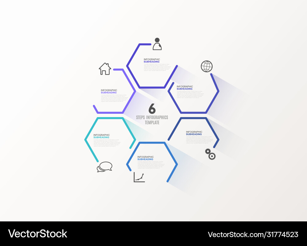 Six colorful hexagon progress steps with icons vector image