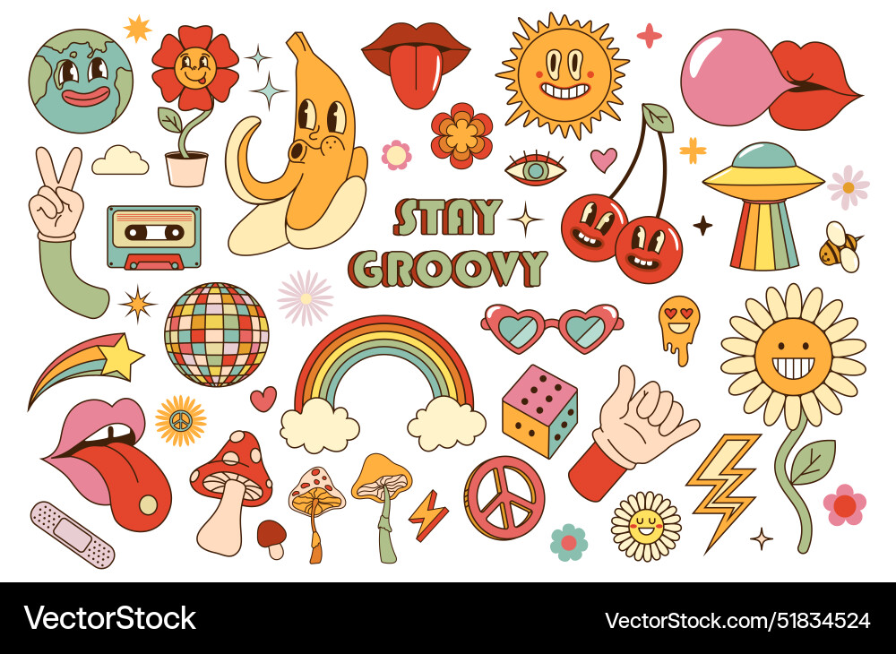 Retro 70s Hippie Stickers - Groovy Vibes Vector Image
