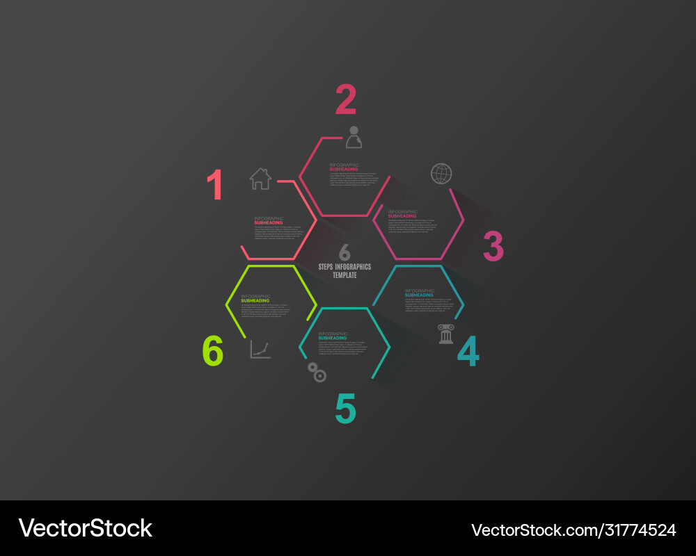 Six colorful hexagon progress steps with icons vector image