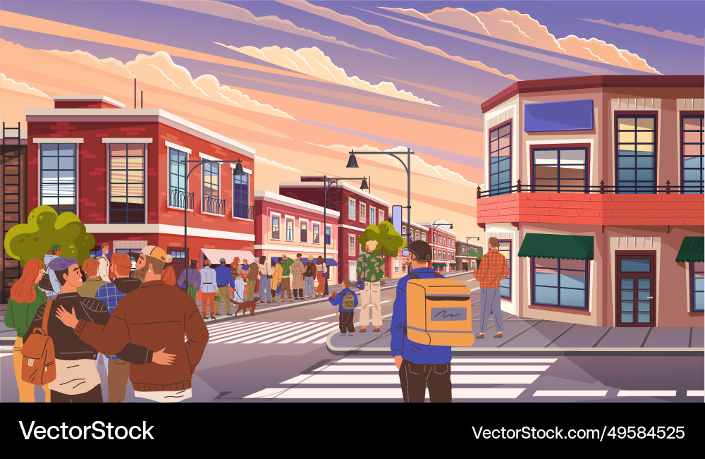 Big queue at public transport stop long line Vector Image