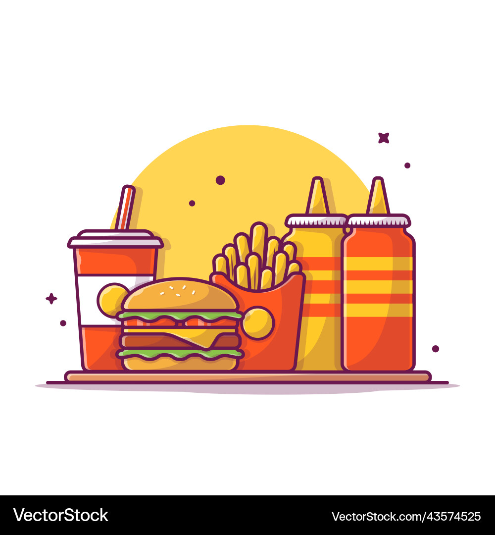 Burger french fries and soft drink with mustard Burger french fries and soft drink with mustard vector image