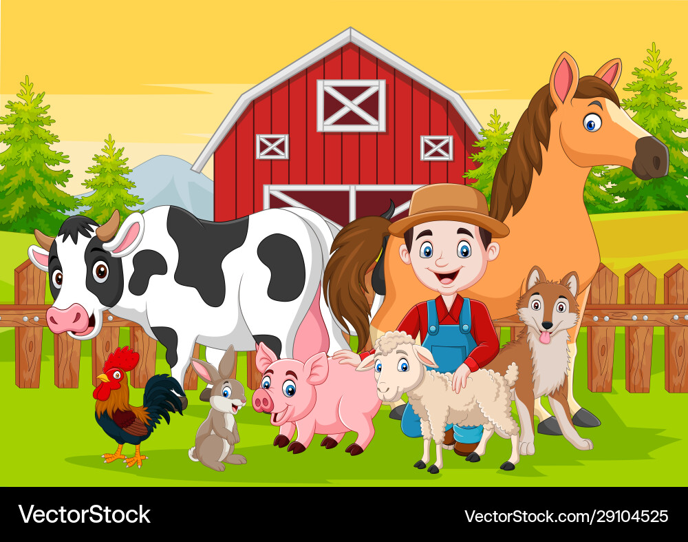 Cartoon Farmer und Nutztiere in Barnyard Cartoon Farmer und Nutztiere in Barnyard vektorbild