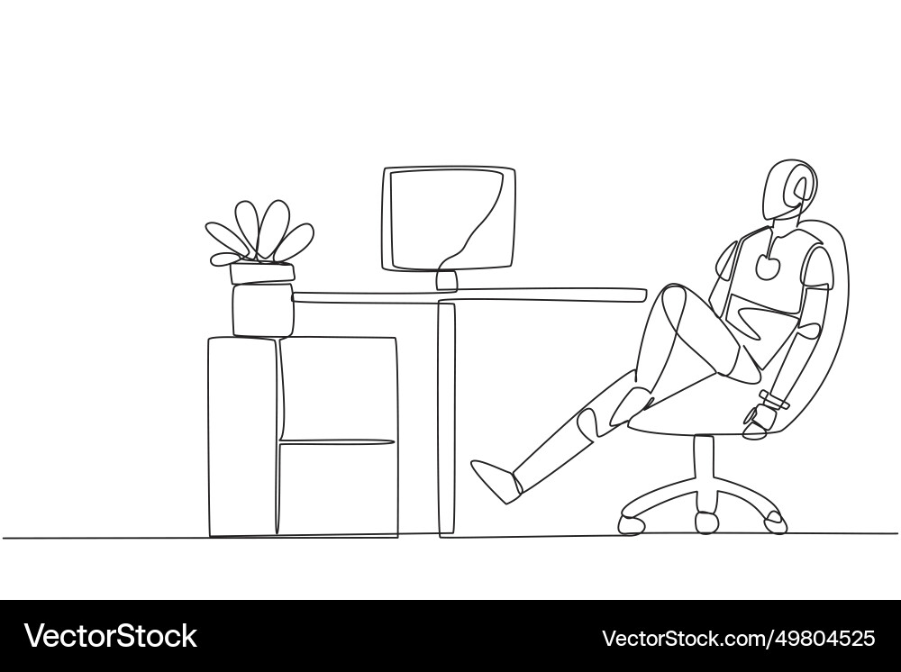 Continuous one line drawing robot sits in work Continuous one line drawing robot sits in work vector image