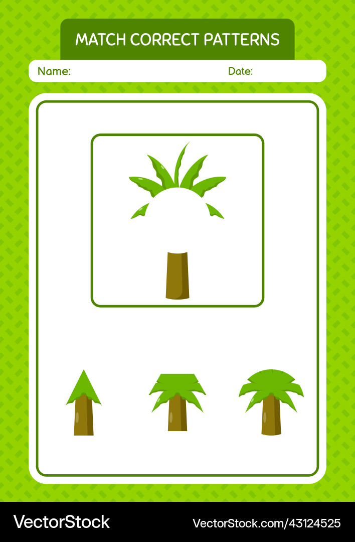 Match pattern game with palm tree worksheet Match pattern game with palm tree worksheet vector image