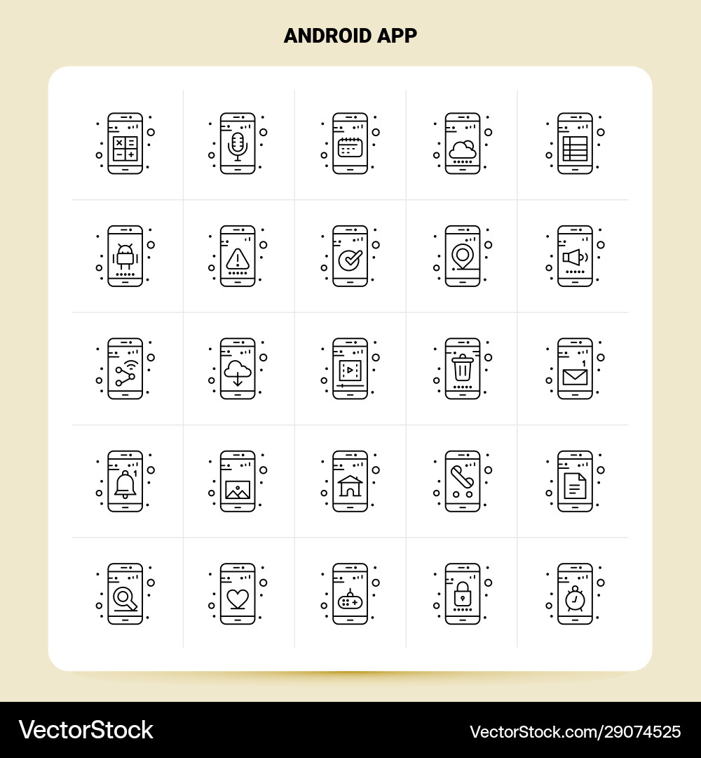 Outline 25 android app icon set line style design Outline 25 android app icon set line style design vector image