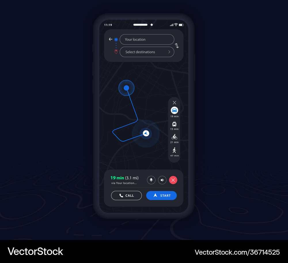 Smartphone Map Navigation App - Dark Mode Vector Image
