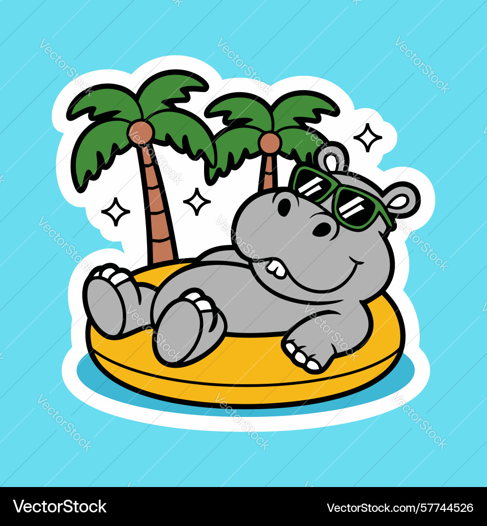 Relaxing hippo on pool float with palm trees Vector Image