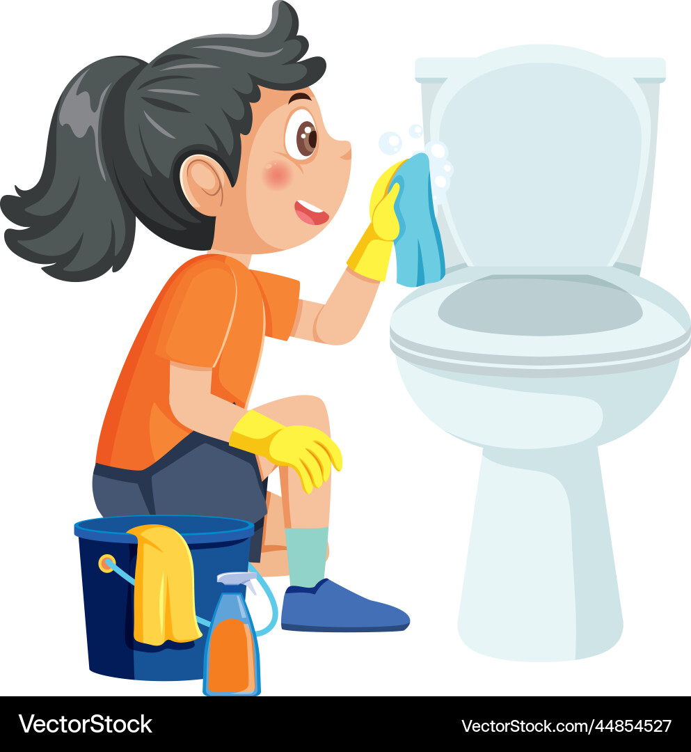 A girl cleaning toilet by rag and spray A girl cleaning toilet by rag and spray vector image
