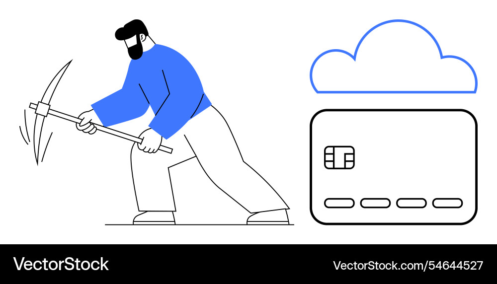 Man with pickaxe mining data near credit card icon Man with pickaxe mining data near credit card icon Vector Image
