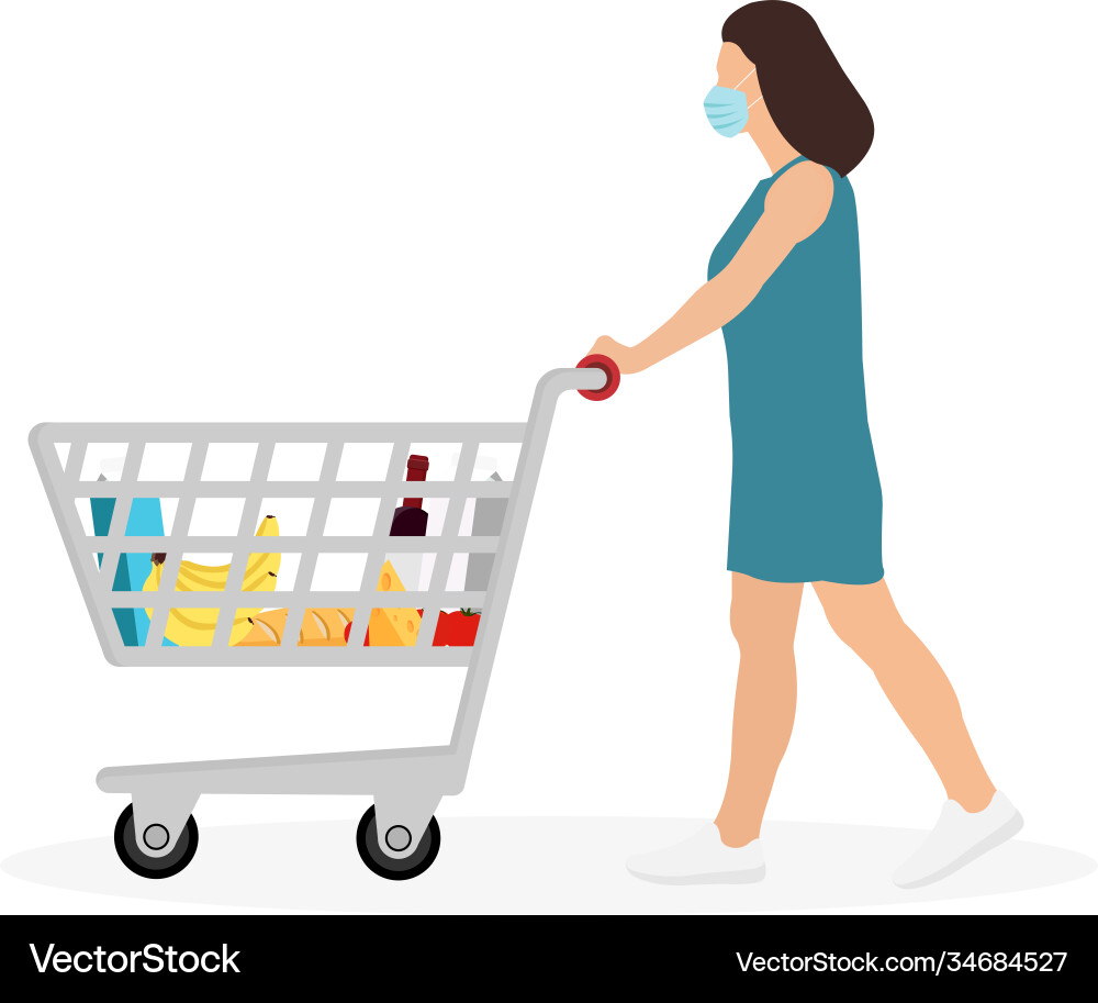 Young woman masked pushing shopping cart vector image