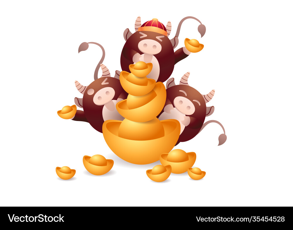 Cute bull cow hold gold ingot and chinese hat Cute bull cow hold gold ingot and chinese hat vector image