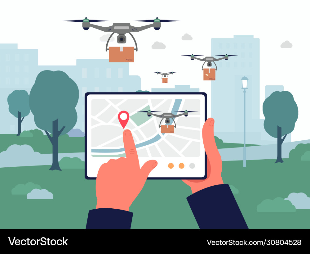 Delivery drone remote control app on tablet screen Delivery drone remote control app on tablet screen vector image