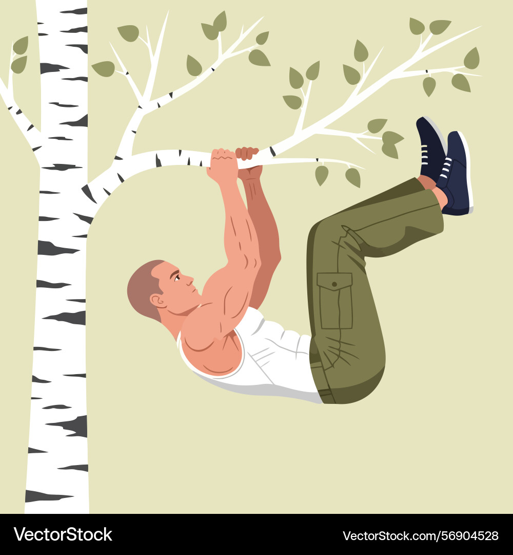 Man exercising hanging from a tree branch doing vector image