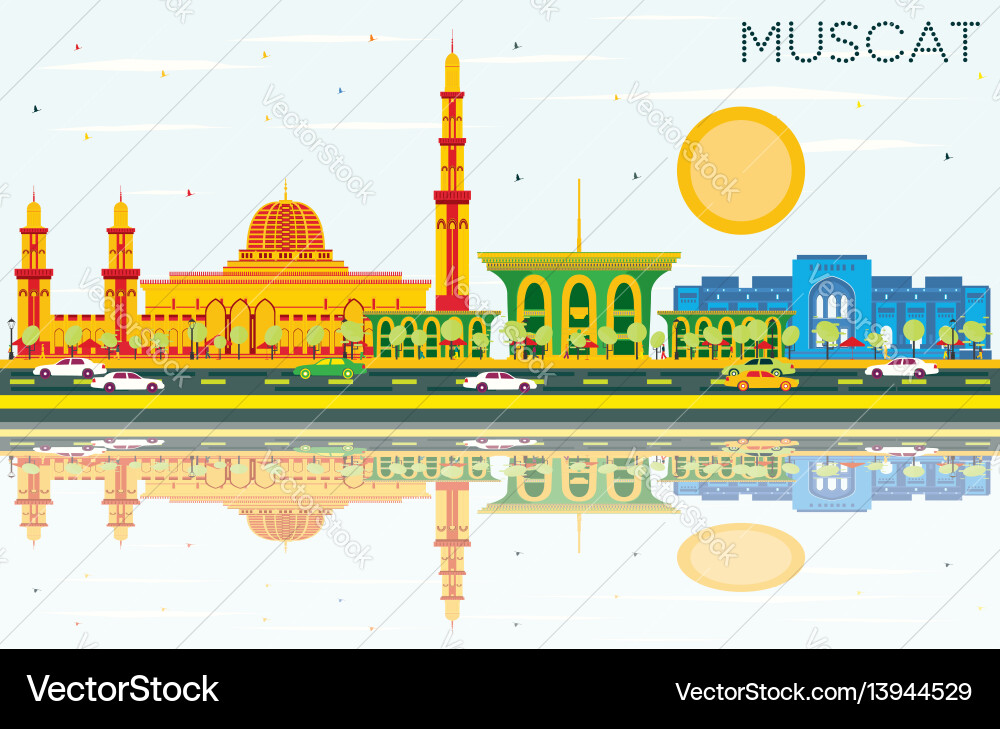 Muskat Skyline mit farbigen Gebäuden blauen Himmel Muskat Skyline mit farbigen Gebäuden blauen Himmel vektorbild