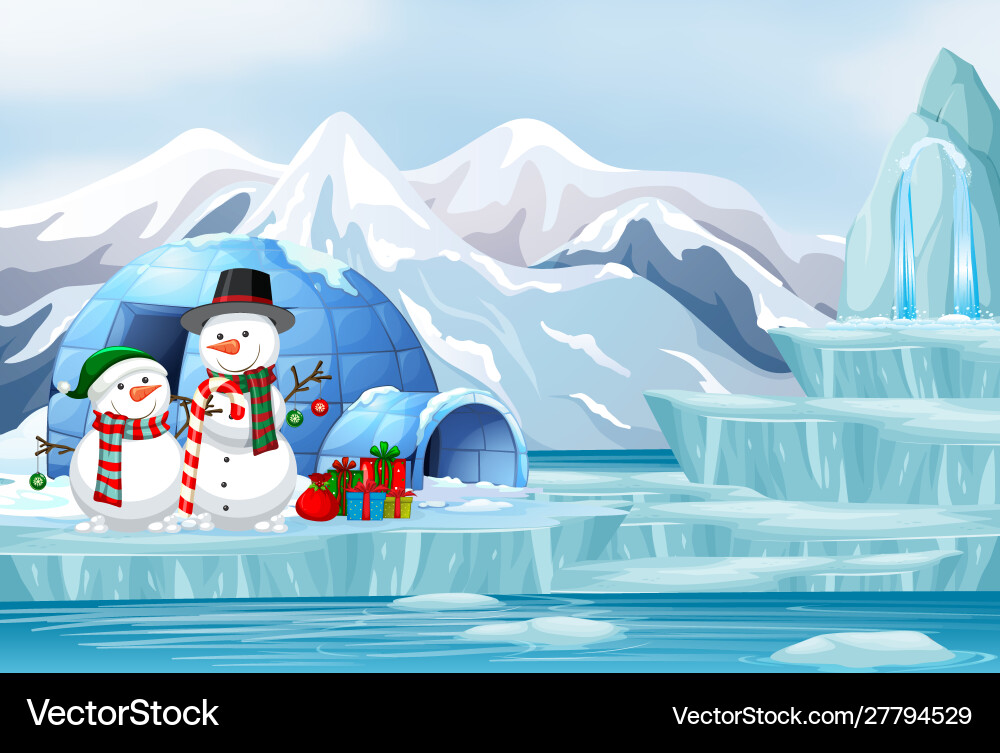 Scene with snowman and igloo Scene with snowman and igloo vector image
