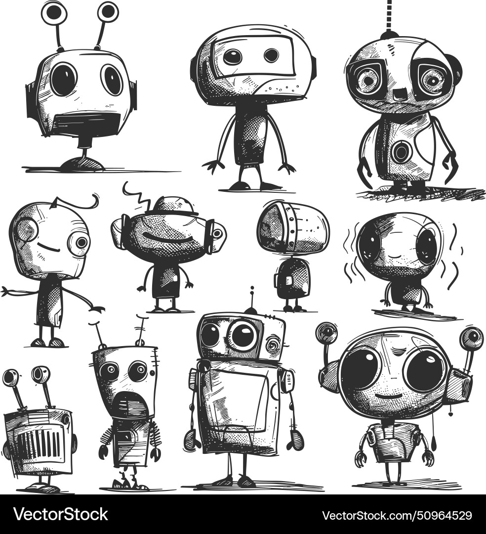 Scribble robots robotic monsters black doodles Scribble robots robotic monsters black doodles Vector Image
