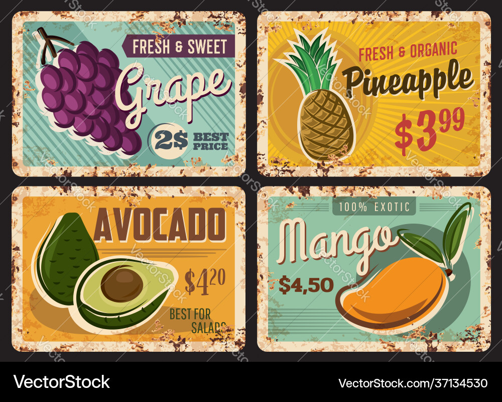 Organic fruits farm or market rusty metal plate Organic fruits farm or market rusty metal plate vector image