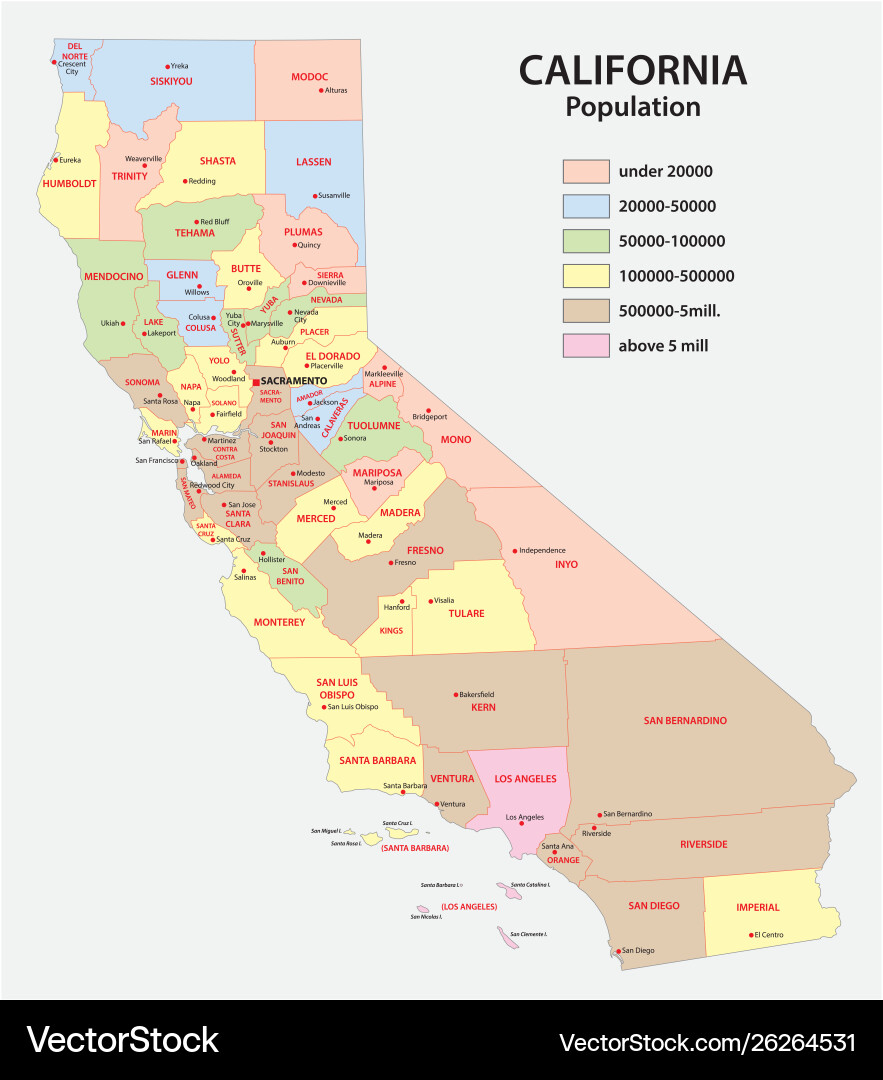 Administrative and population map california Administrative and population map california vector image