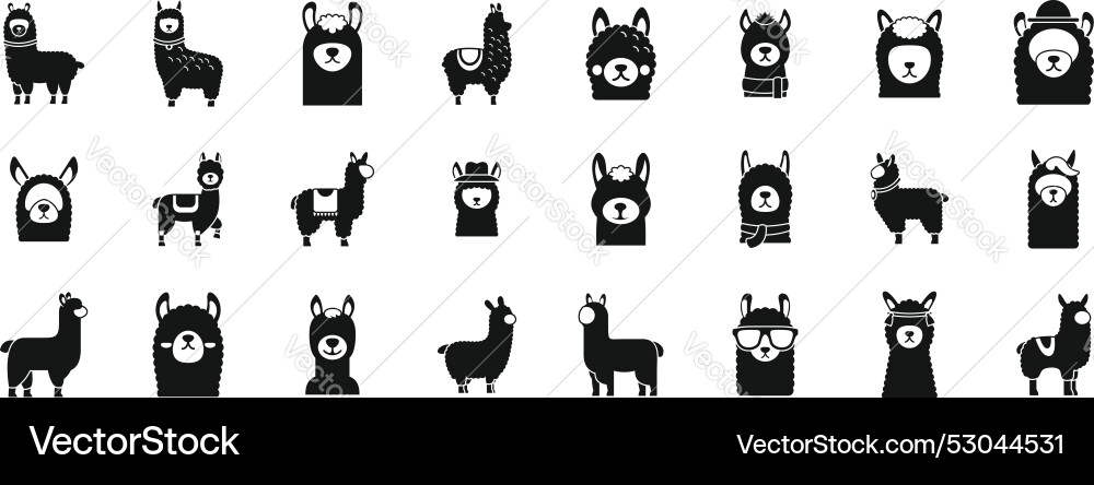 Alpaca icons set funny llama posing in different vector image