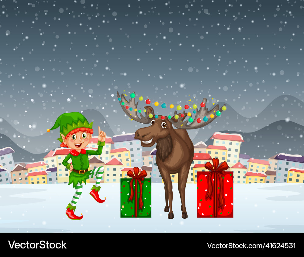 Schneehafte Nachtszene mit Weihnachtskarikatur Schneehafte Nachtszene mit Weihnachtskarikatur vektorbild