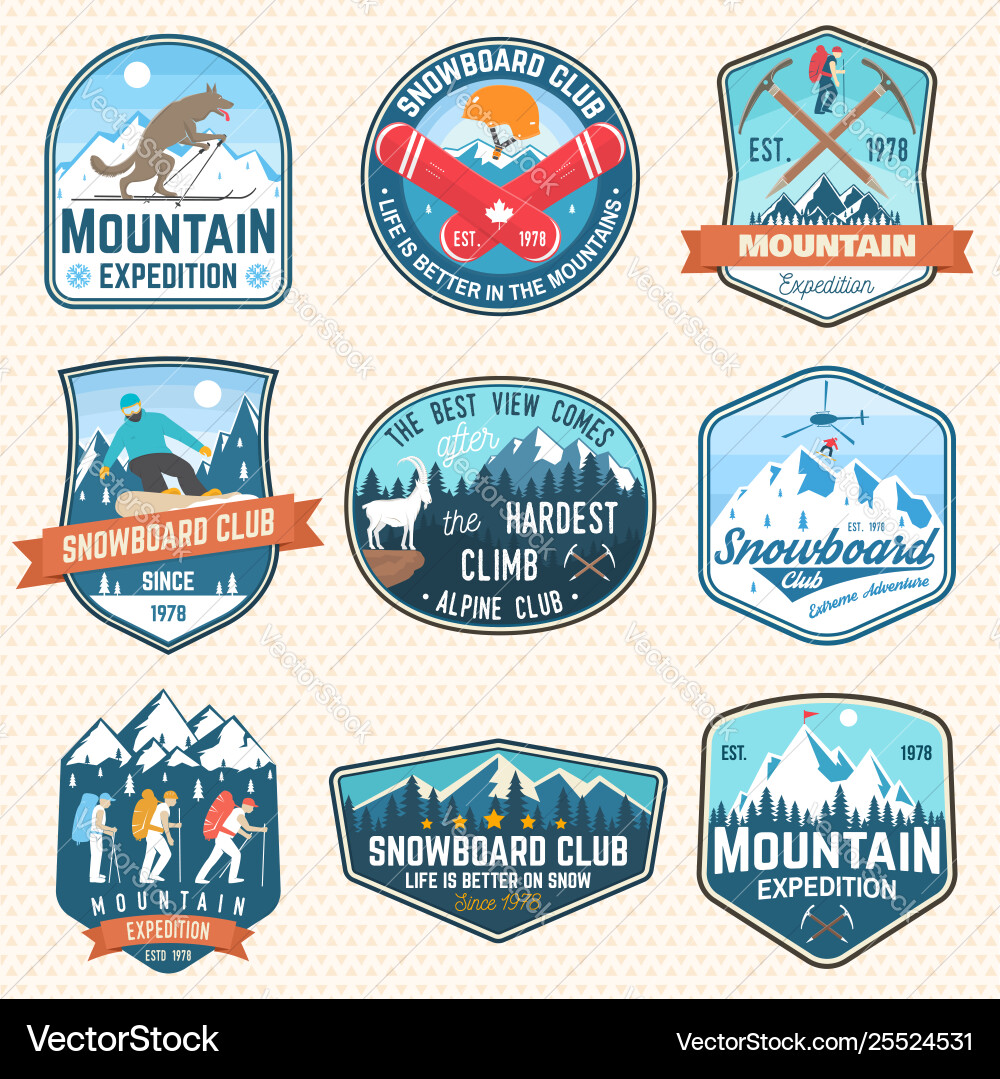 Set mountain expedition and snowboard club Set mountain expedition and snowboard club vector image