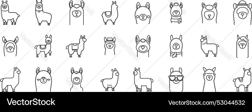 Alpaca icons set of llama showing Vector Image