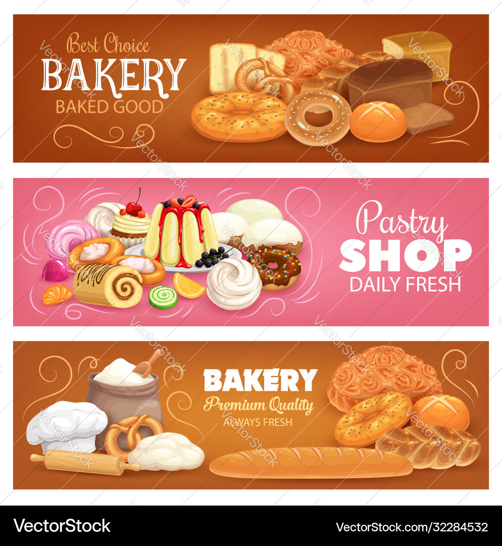 Bakery shop pastry and bread banners vector image