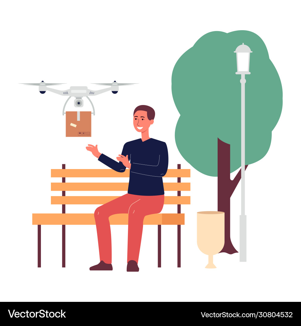 Drone delivery with man getting package flat vector image