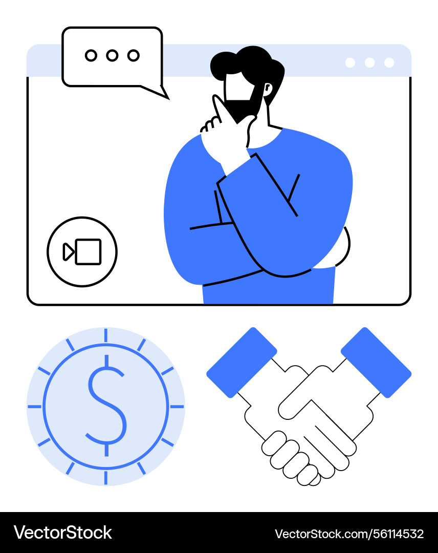 Man contemplating during video call handshake Man contemplating during video call handshake vector image