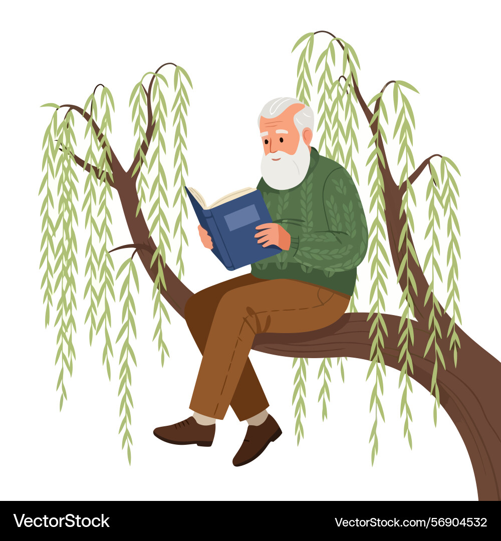 Man reading book sitting on tree branch under Man reading book sitting on tree branch under vector image