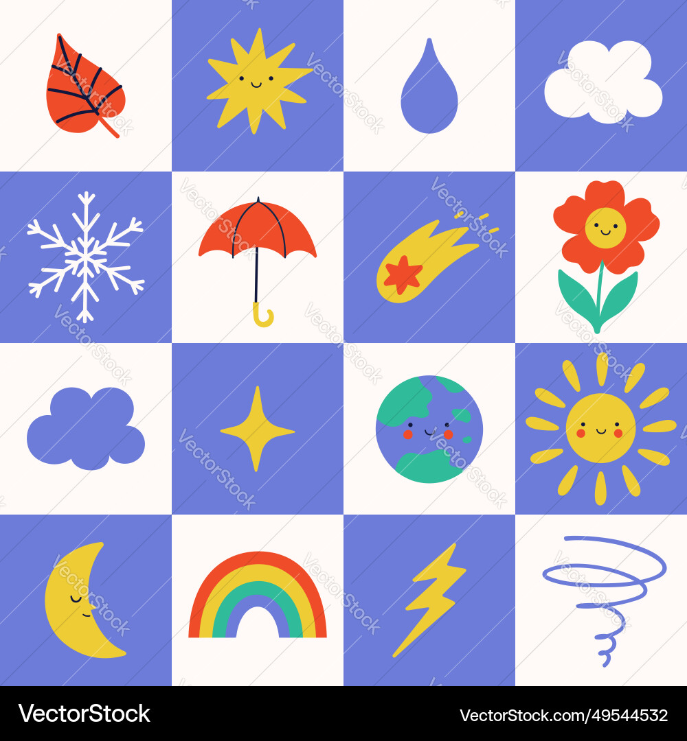 Seamless checkered pattern with weather items Seamless checkered pattern with weather items Vector Image