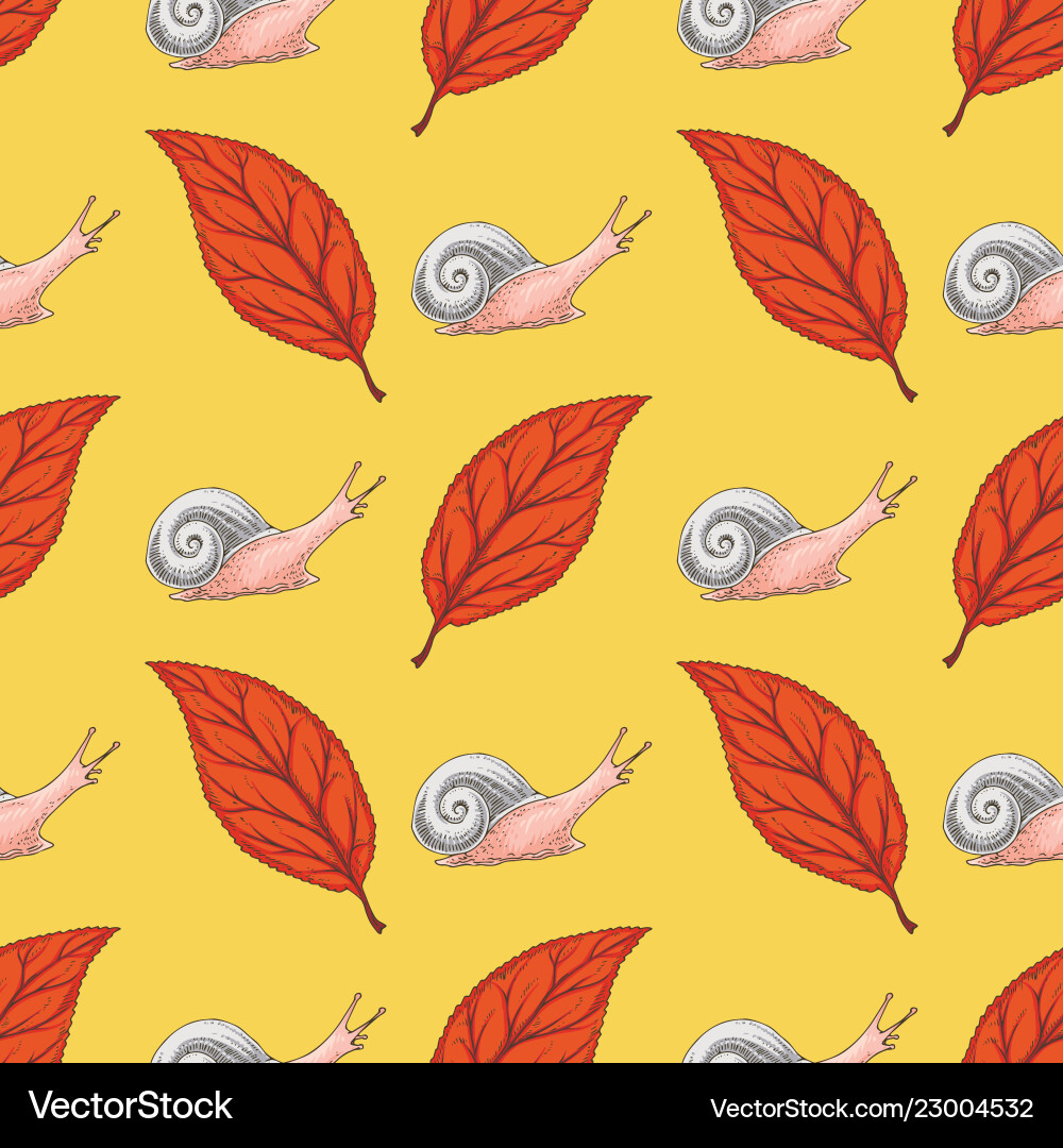 Seamless pattern with red beech leaf and snails Vector Image