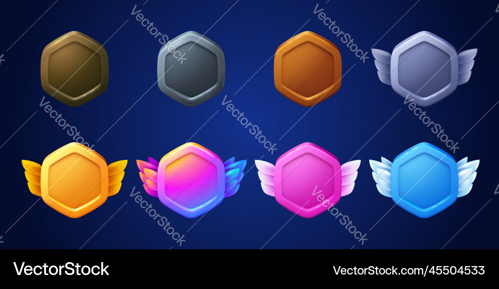 Game badges buttons in hexagon frame with wings Game badges buttons in hexagon frame with wings vector image