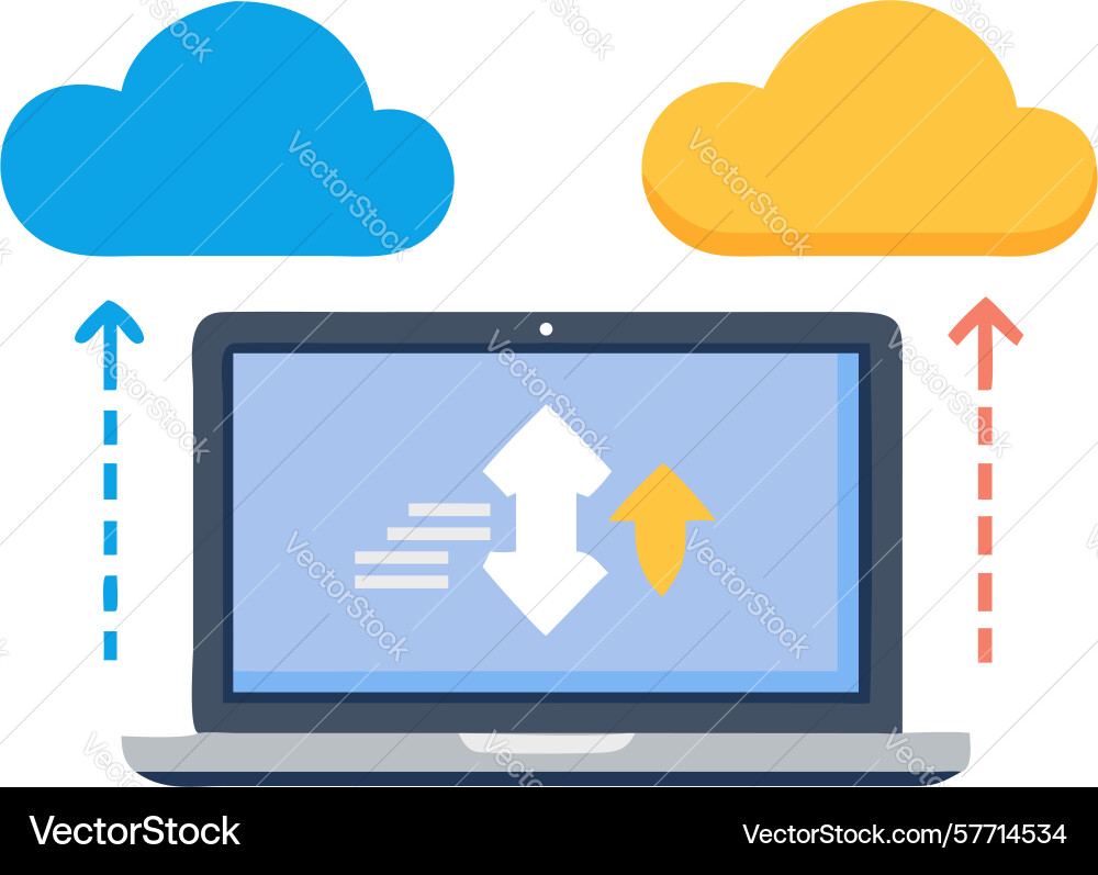 Laptop with secure cloud upload download data vector image